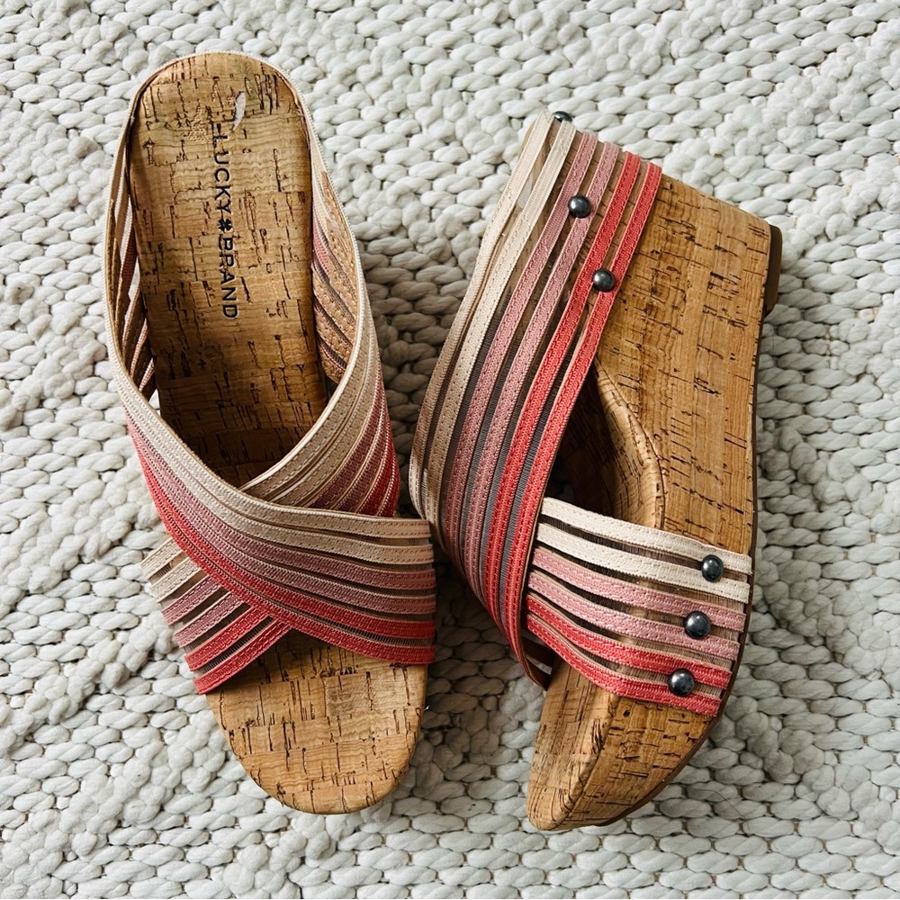 LUCKY BRAND Mykayla Pink Cork Wedge Sandals Womens 8 Like New